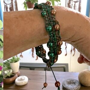 Handmade Beaded Boho Macrame Bracelet with Green and Brown Pearl Beads